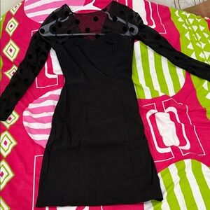 Le Chateau Black Dress with Sheer Polka Dot Sleeves
